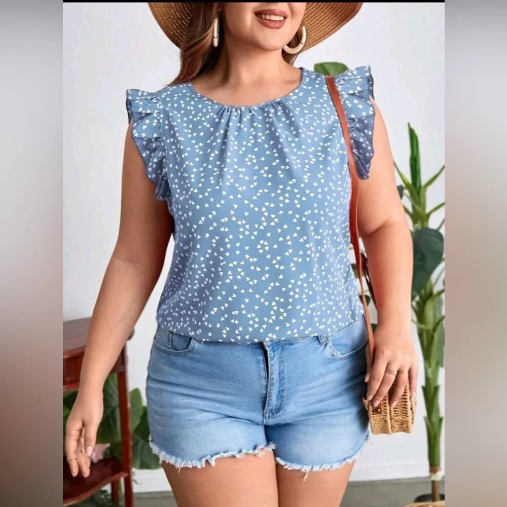 Women's Classy Plus Round Neck Ruffle Sleeve Heart Print Blouse Top. Bust 44.1”